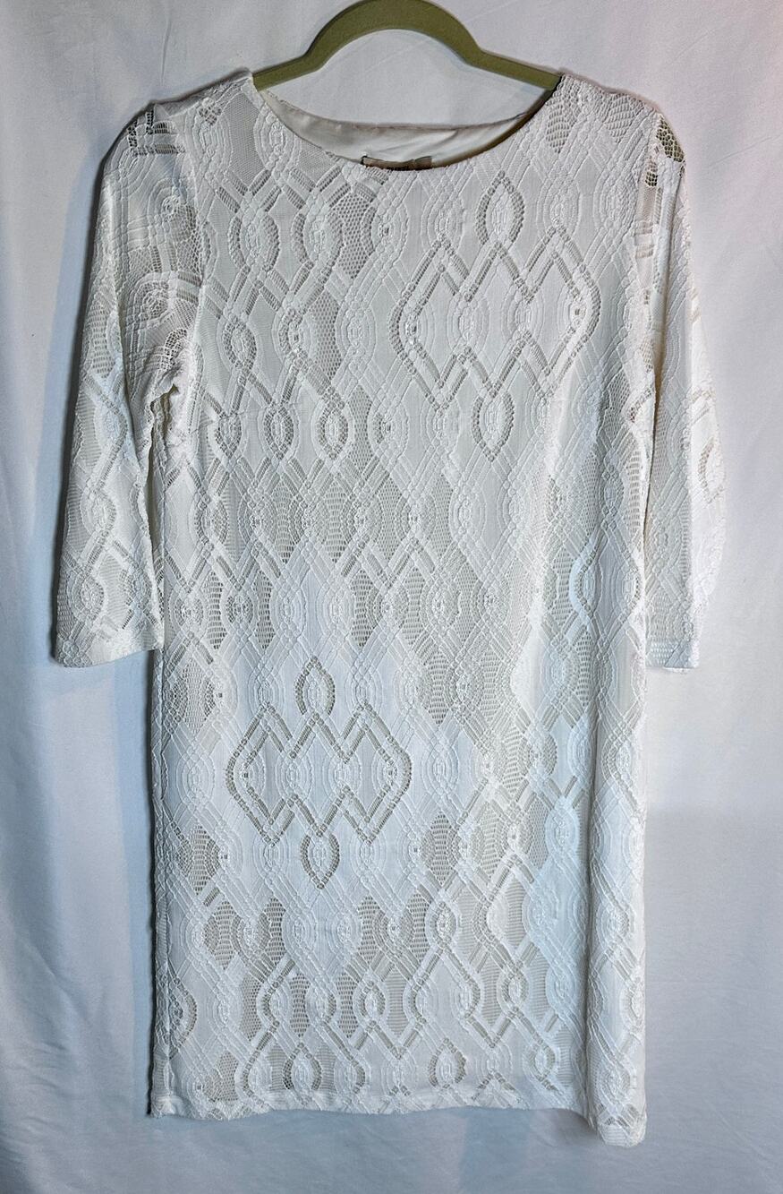 Fuzzi Italy Sheer Lace Bodycon Dress Ivory White 3/4 Sleeve Stretch Mesh Sz M